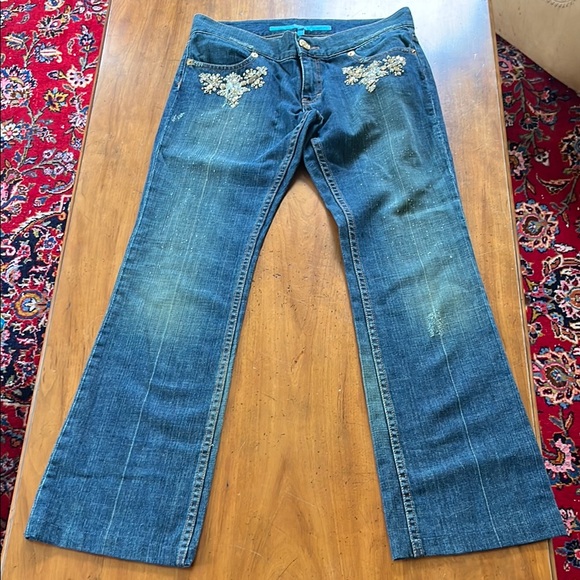 Escada Blue Flare Wide Leg Jeans with Chic Embroidery - Picture 1 of 11